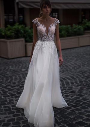 Cap Sleeves Beaded Ivory Lace Tulle Chic Wedding Dress